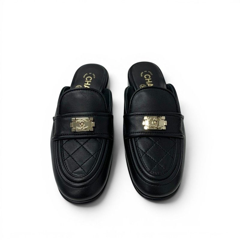 Chanel Flat Shoes Lambskin Black Gold CC Logo Quilted Boy Mules — view 2