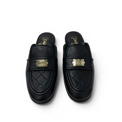 Chanel Flat Shoes Lambskin Black Gold CC Logo Quilted Boy Mules — view 2