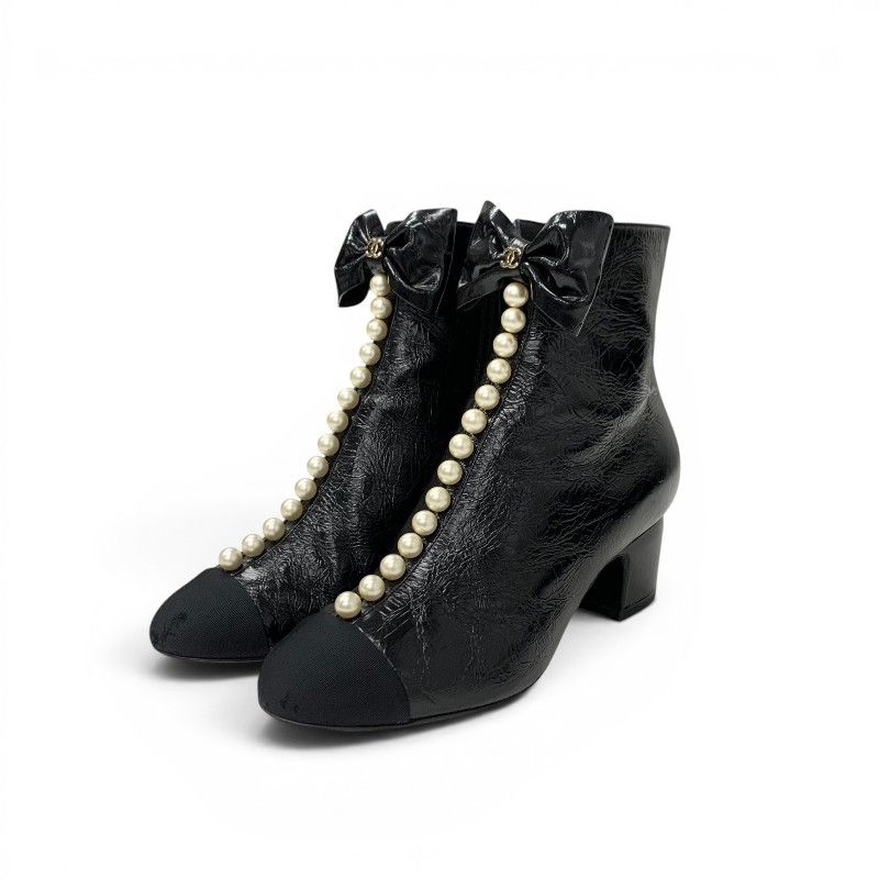 Chanel Boots Short Shoes Leather Fabric Black CC Logo Ribbon Pearl Crinkle