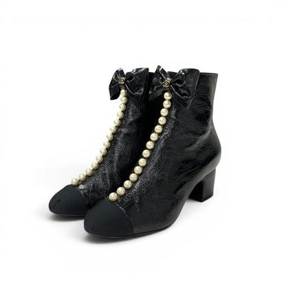 Chanel Boots Short Shoes Leather Fabric Black CC Logo Ribbon Pearl Crinkle
