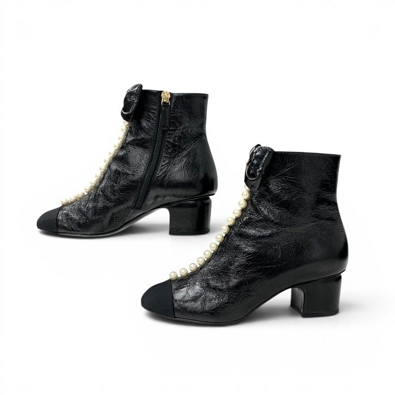 Chanel Boots Short Shoes Leather Fabric Black CC Logo Ribbon Pearl Crinkle — view 3