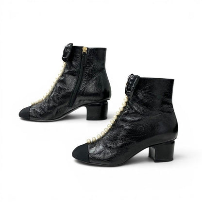 Chanel Boots Short Shoes Leather Fabric Black CC Logo Ribbon Pearl Crinkle — view 3