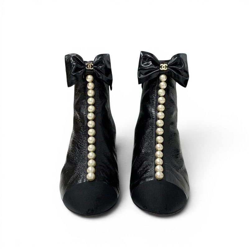 Chanel Boots Short Shoes Leather Fabric Black CC Logo Ribbon Pearl Crinkle — view 2