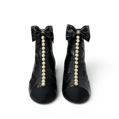 Chanel Boots Short Shoes Leather Fabric Black CC Logo Ribbon Pearl Crinkle — view 2