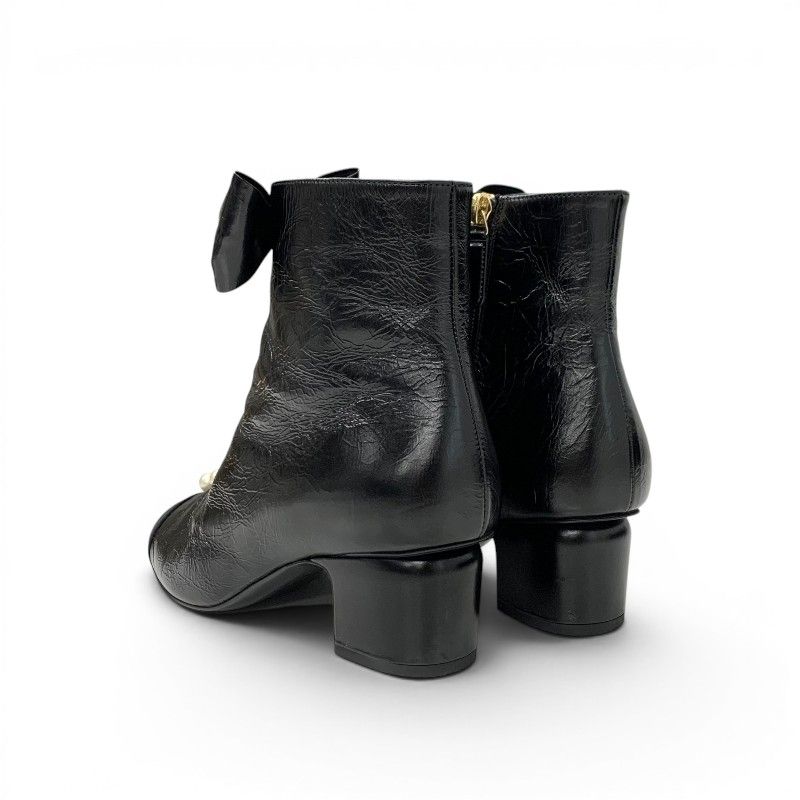 Chanel Boots Short Shoes Leather Fabric Black CC Logo Ribbon Pearl Crinkle — view 4