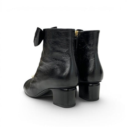 Chanel Boots Short Shoes Leather Fabric Black CC Logo Ribbon Pearl Crinkle — view 4