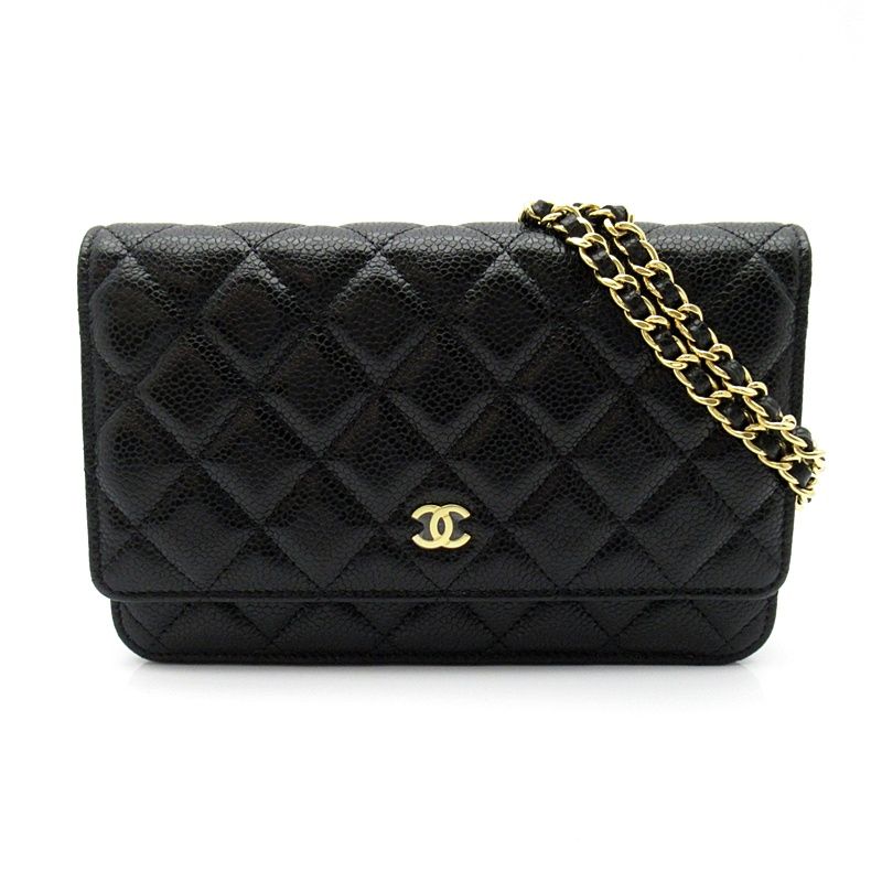 Chanel Quilted Chain Wallet Caviar Leather Shoulder Bag Black