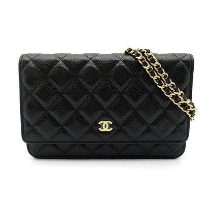 Chanel Quilted Chain Wallet Caviar Leather Shoulder Bag Black