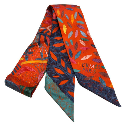 Hermes Scarf Twilly Orange Light Blue Multi Ribbon Floral Pattern
