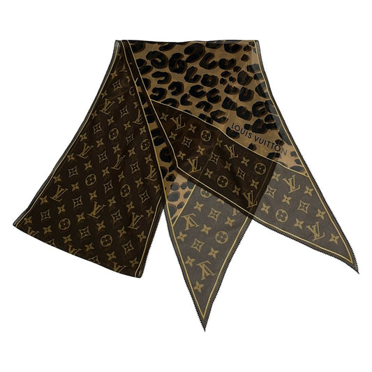 Louis Vuitton Scarf Echarpe Monogram Leopard Dark Brown Beige Black Silk