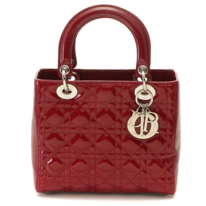 Dior Cannage Lady Dior Handbag Medium Patent Leather Red Silver Plate