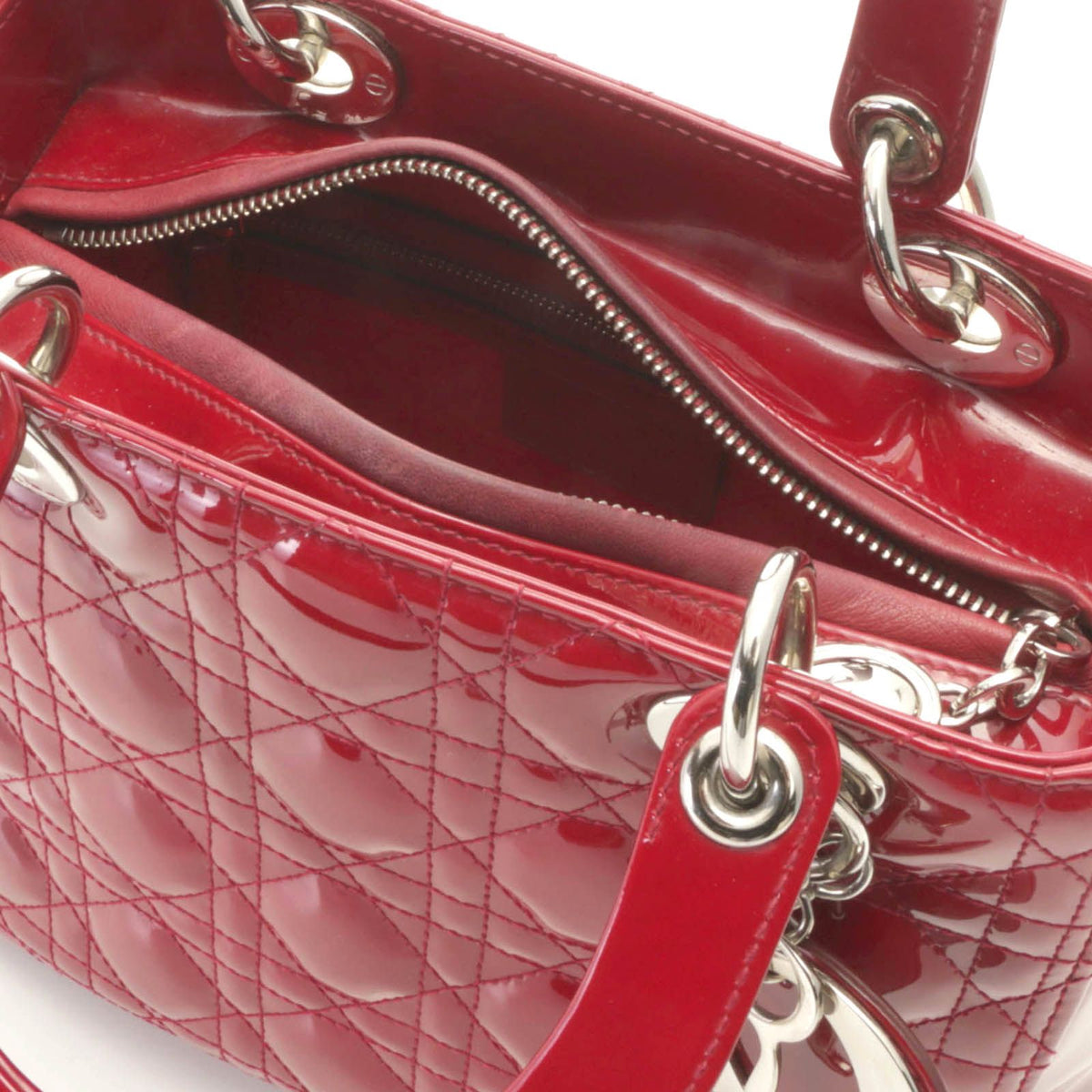 Dior Cannage Lady Dior Handbag Medium Patent Leather Red Silver Plate — view 5