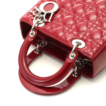 Dior Cannage Lady Dior Handbag Medium Patent Leather Red Silver Plate — view 4