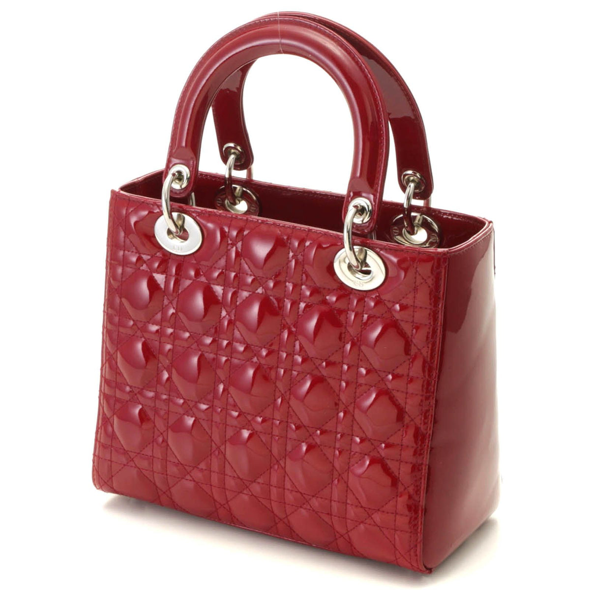 Dior Cannage Lady Dior Handbag Medium Patent Leather Red Silver Plate — view 2
