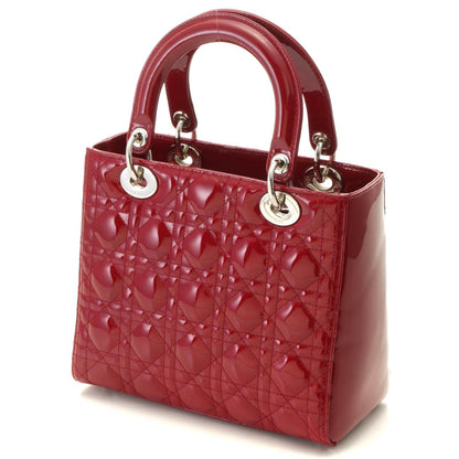 Dior Cannage Lady Dior Handbag Medium Patent Leather Red Silver Plate — view 2