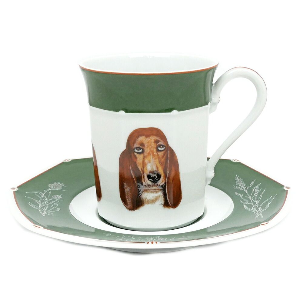 Hermes Tea Cup & Saucer Bazett Hound Chasse Green Coffee C&s Ceramics Dog