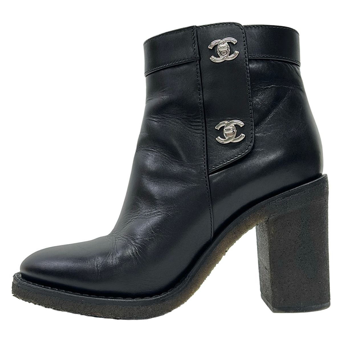 Chanel Short Boots Black Silver CC Logo Leather