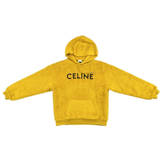 Celine Hoodie Loose Fit Beaded Logo Sweater Alpaca Fuzzy Wool Yellow XL