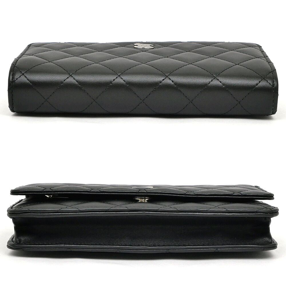 Chanel Quilted Chain Wallet Black Silver Lambskin Shoulder Bag CC Logo — view 4