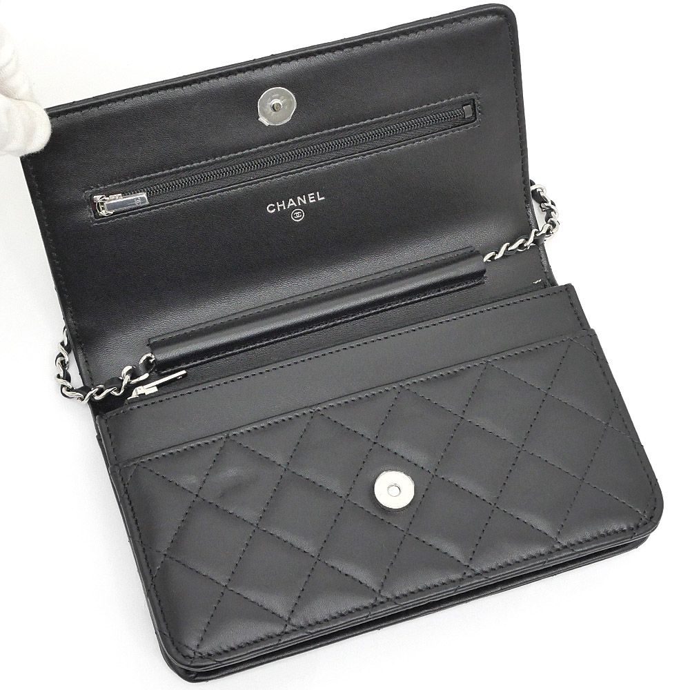 Chanel Quilted Chain Wallet Black Silver Lambskin Shoulder Bag CC Logo — view 6