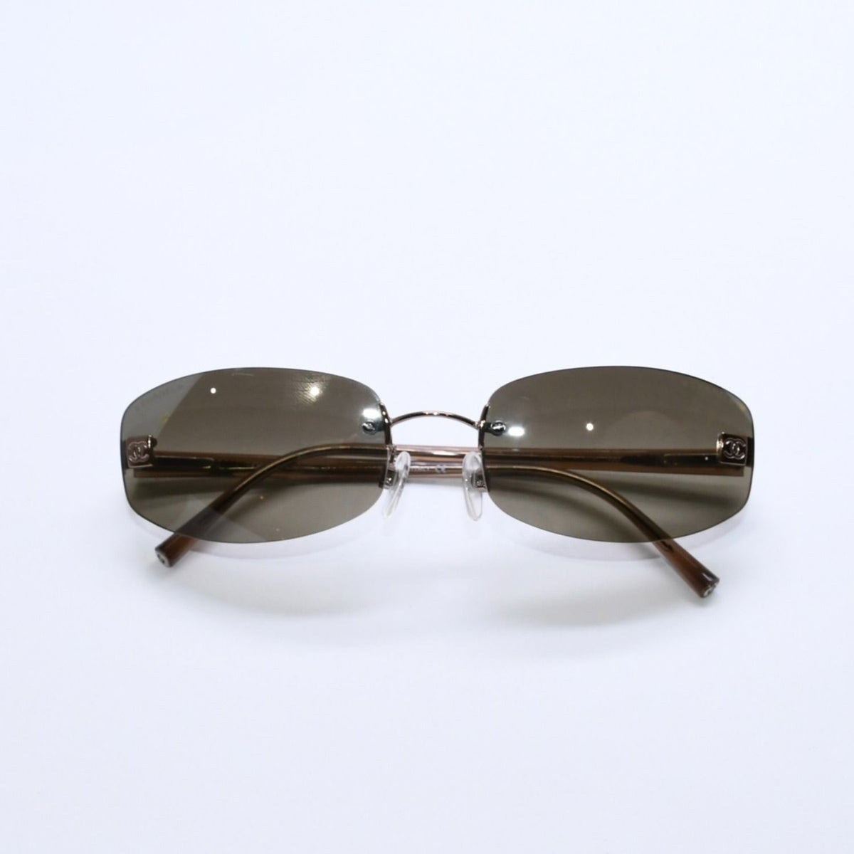 Chanel Rimless Sunglasses 18 Brown Acetate CC Logo Gold Eyewear