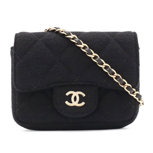 Chanel Mini Quilted Chain Shoulder Bag Pouch Pochette Cotton Jersey Black Gold