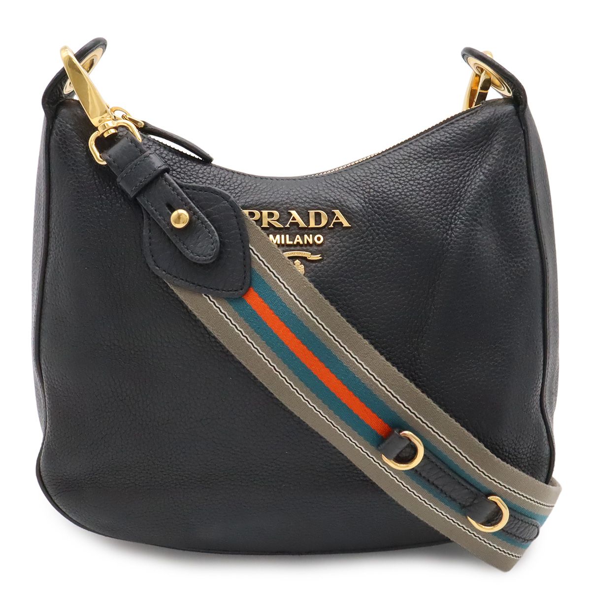 Prada Shoulder Bag Striped Crossbody Leather Nero Black Gold