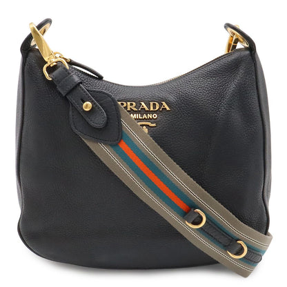 Prada Shoulder Bag Striped Crossbody Leather Nero Black Gold