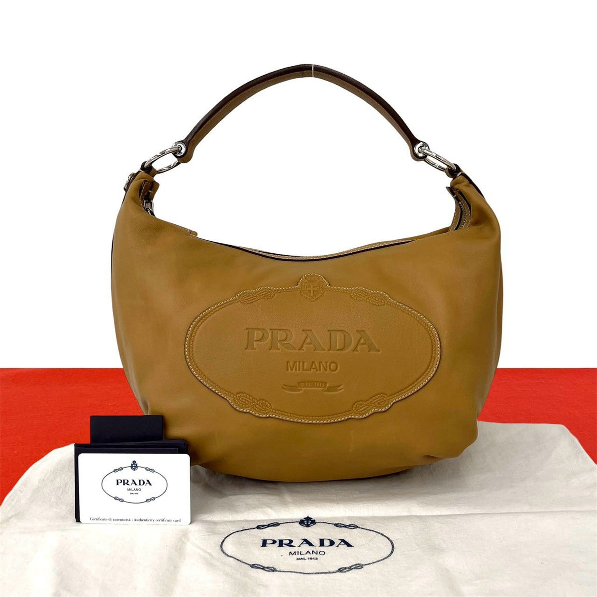 Prada Logo Stamp Leather Shoulder Bag Tote Beige