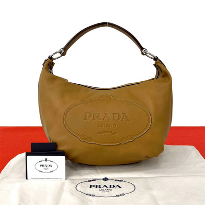 Prada Logo Stamp Leather Shoulder Bag Tote Beige