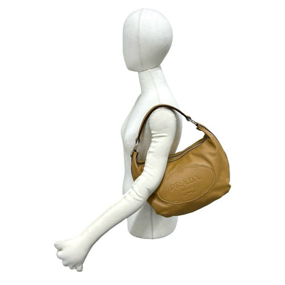 Prada Logo Stamp Leather Shoulder Bag Tote Beige — view 2