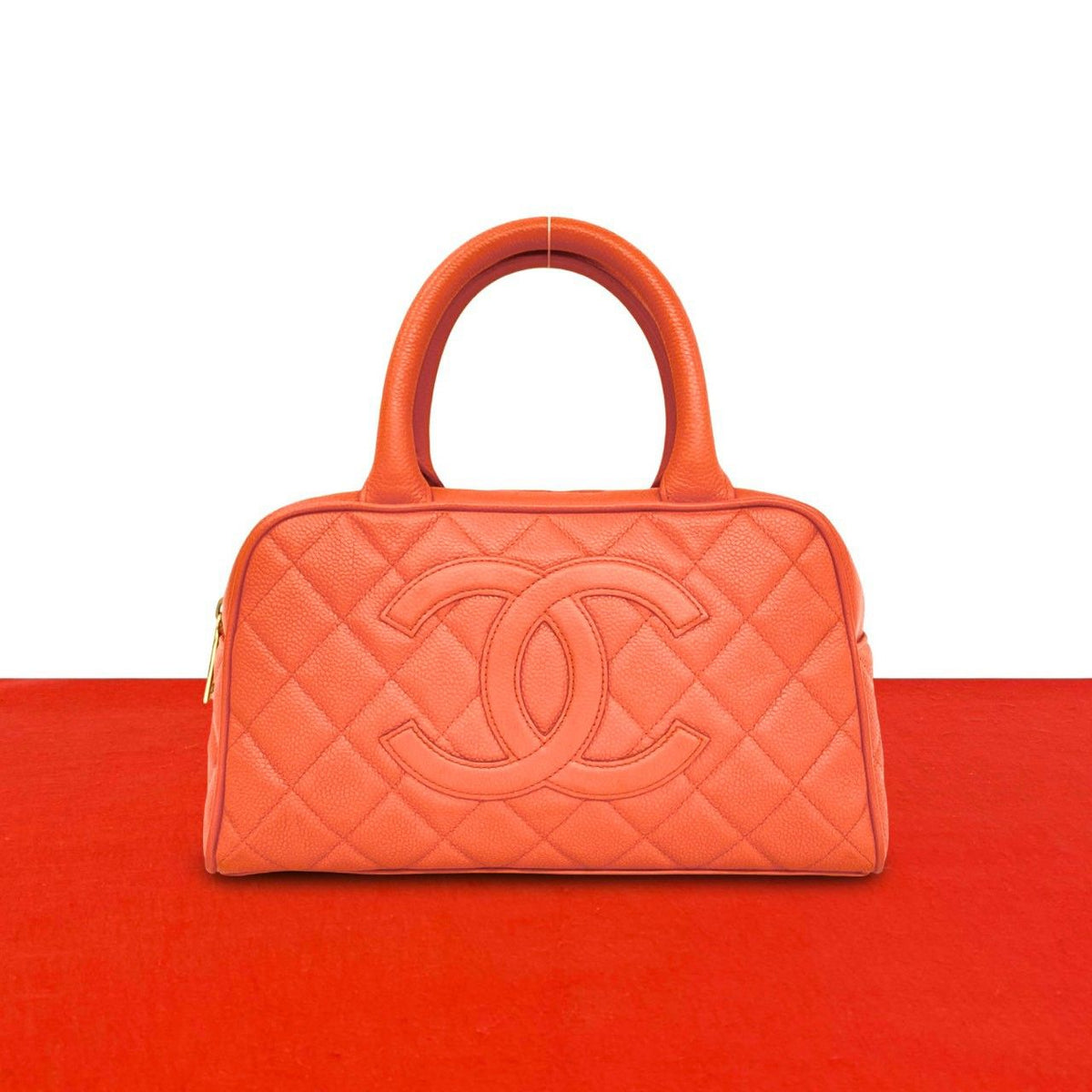 Chanel Quilted CC Logo Caviar Leather Mini Boston Bag Pink