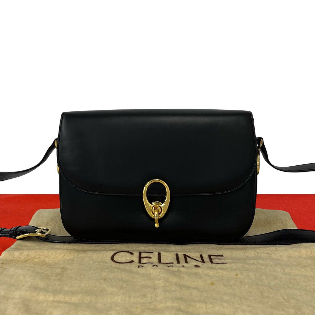 Celine Vintage Calf Leather Shoulder Bag Pochette Cross Black