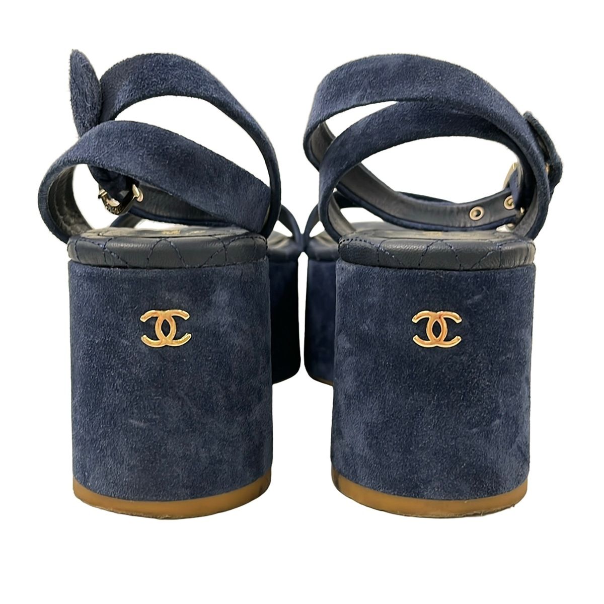 Chanel Sandals Navy Wedge Sole Gold CC Logo — view 3