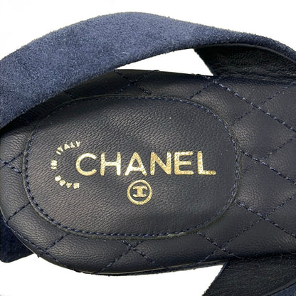 Chanel Sandals Navy Wedge Sole Gold CC Logo — view 5