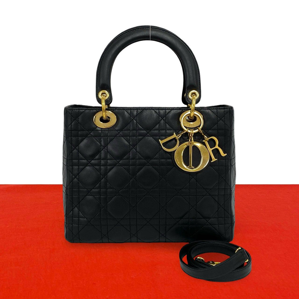 Dior Vintage Lady Lambskin 2-Way Shoulder Bag Black