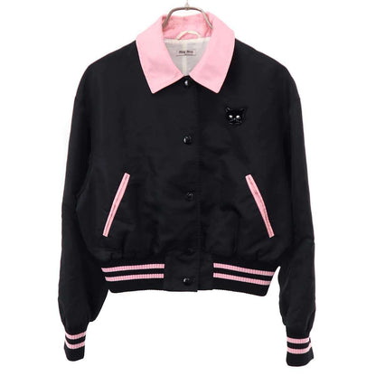 Miu Miu Cat Patch Satin Varsity Jacket Black 40