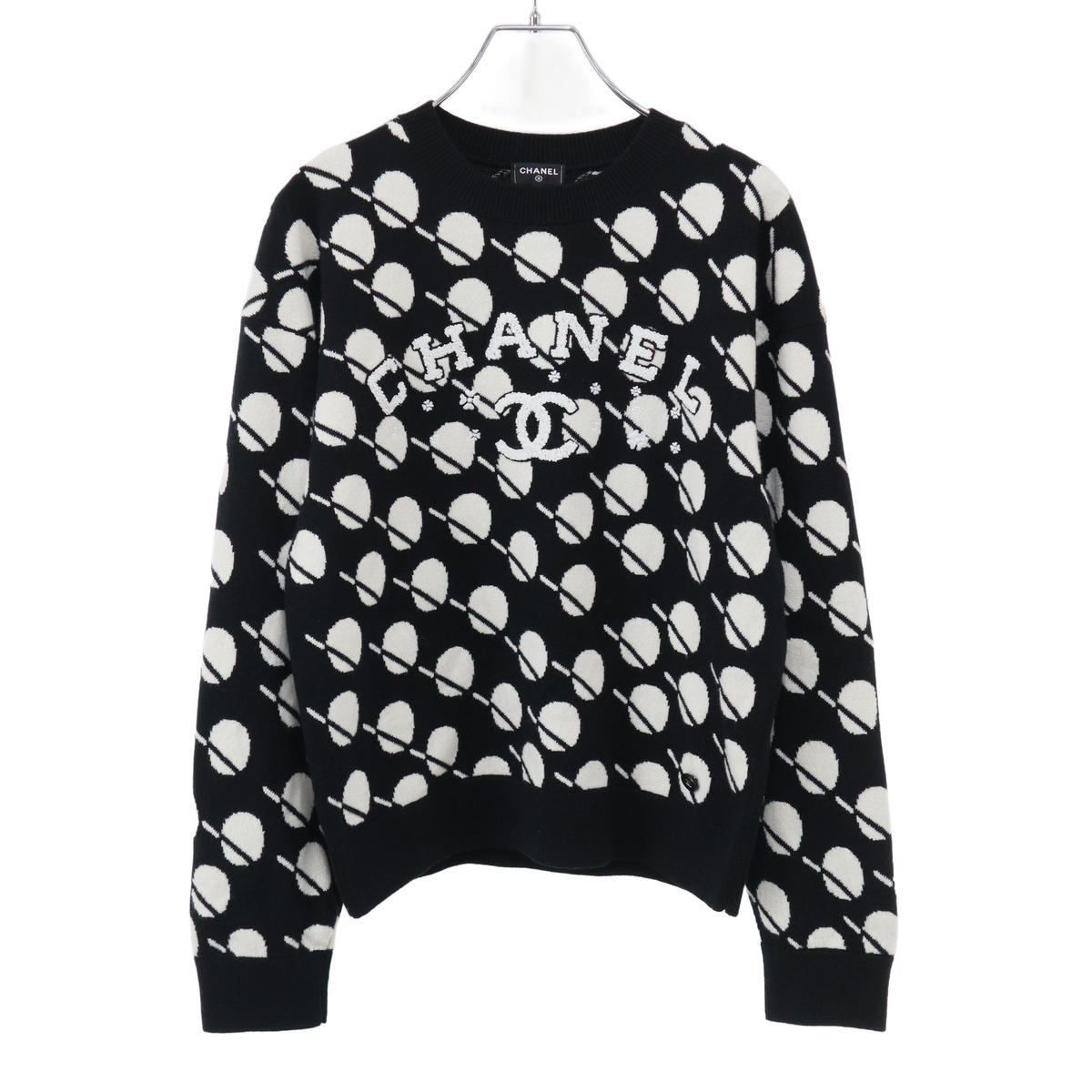 Chanel Logo Dot Cashmere Knit Sweater Black White 38