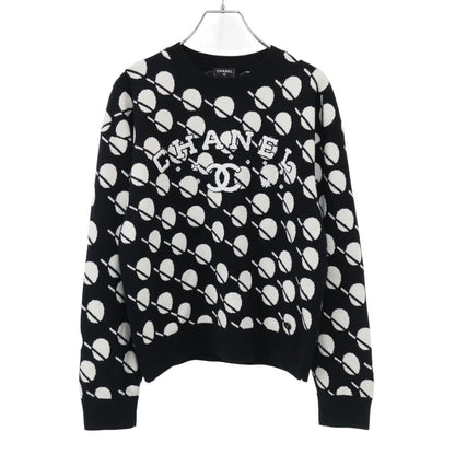 Chanel Logo Dot Cashmere Knit Sweater Black White 38