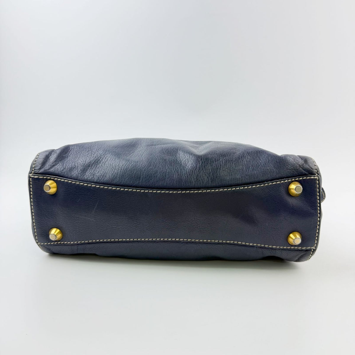 Miu Miu Ring Handle Contrast Stitch Mini Boston Bag Leather Navy Gold Vintage — view 5