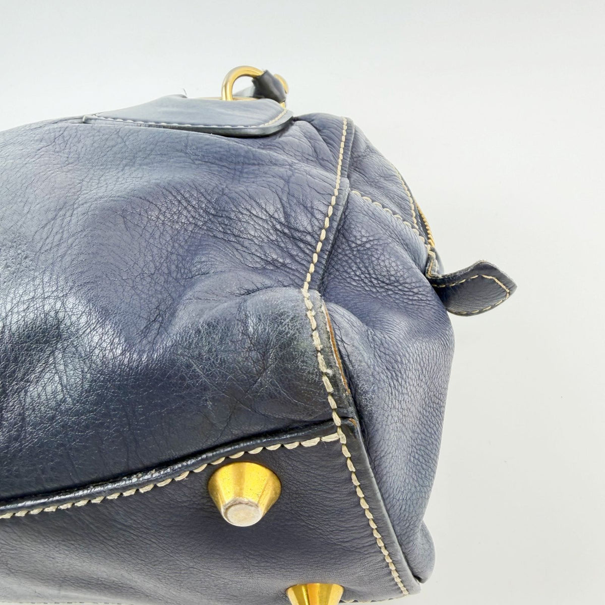 Miu Miu Ring Handle Contrast Stitch Mini Boston Bag Leather Navy Gold Vintage — view 7