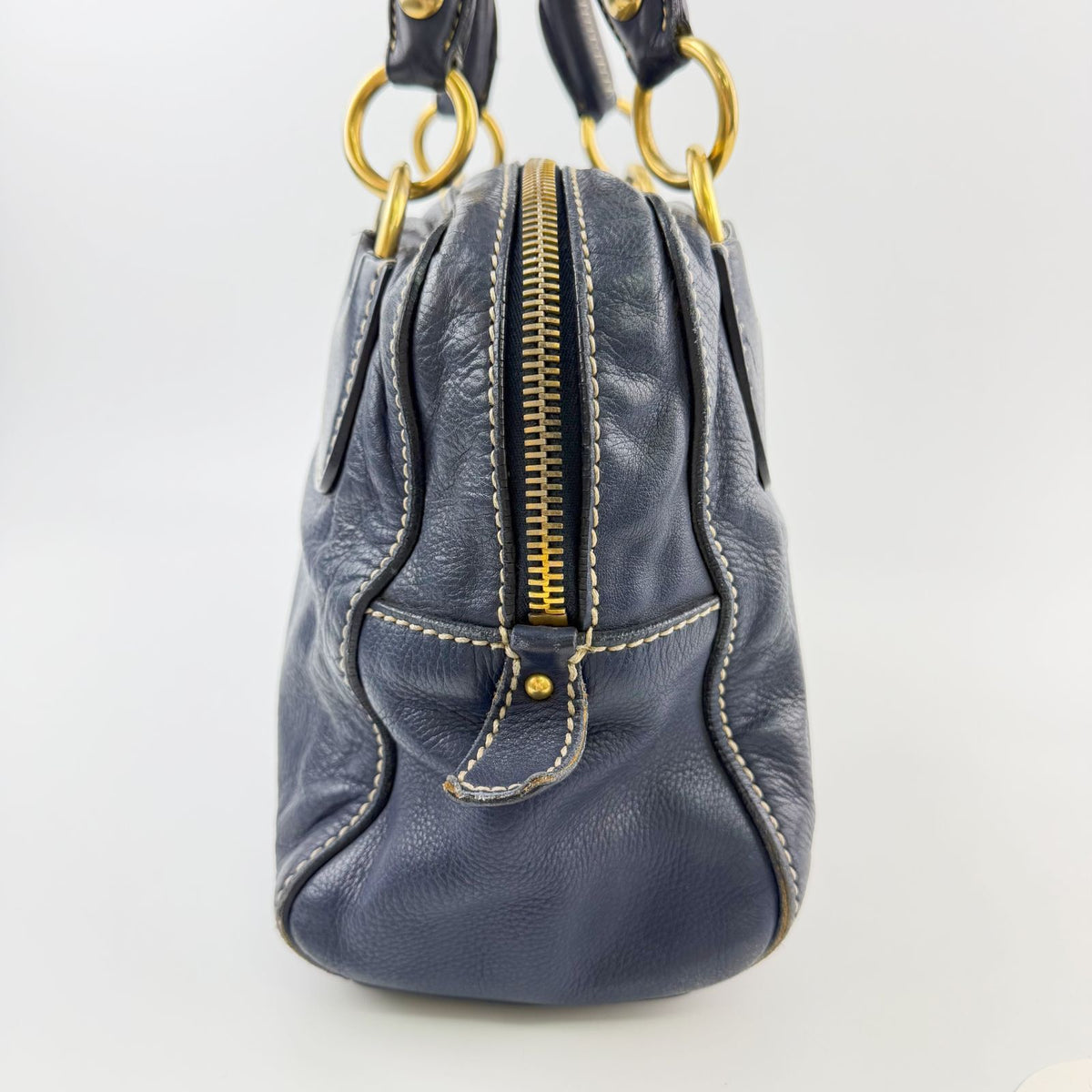 Miu Miu Ring Handle Contrast Stitch Mini Boston Bag Leather Navy Gold Vintage — view 4