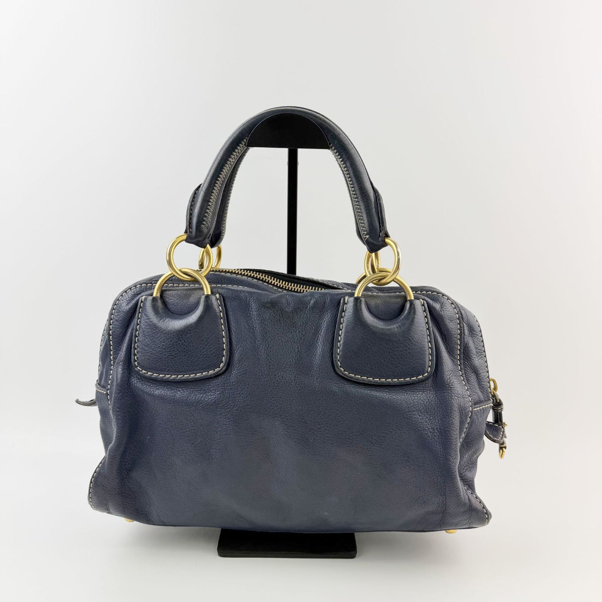 Miu Miu Ring Handle Contrast Stitch Mini Boston Bag Leather Navy Gold Vintage — view 2