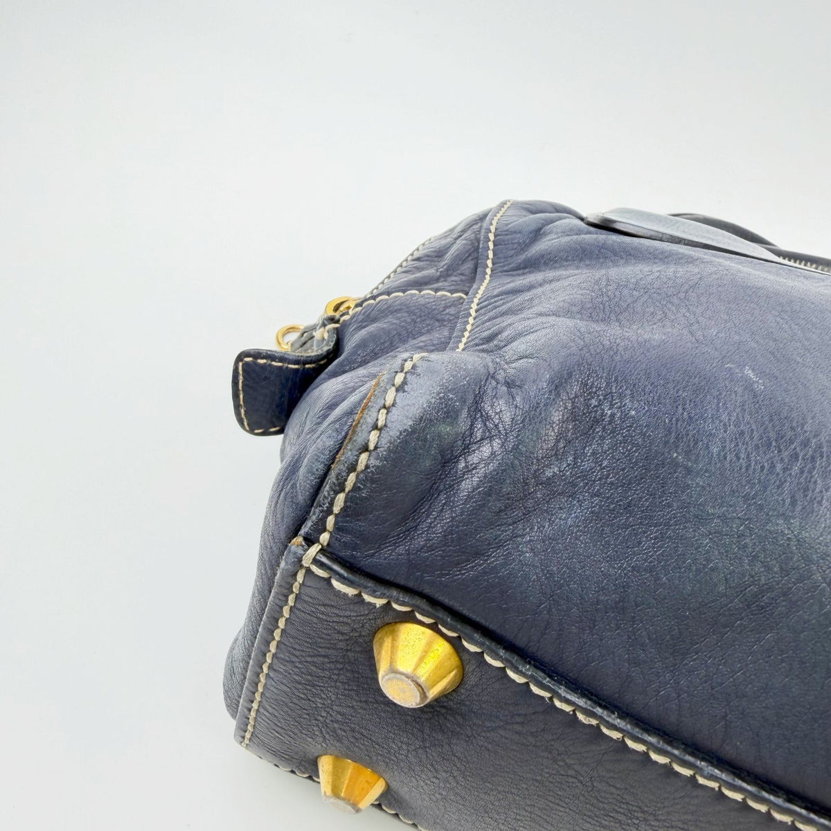 Miu Miu Ring Handle Contrast Stitch Mini Boston Bag Leather Navy Gold Vintage — view 6
