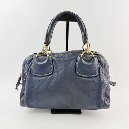 Miu Miu Ring Handle Contrast Stitch Mini Boston Bag Leather Navy Gold Vintage