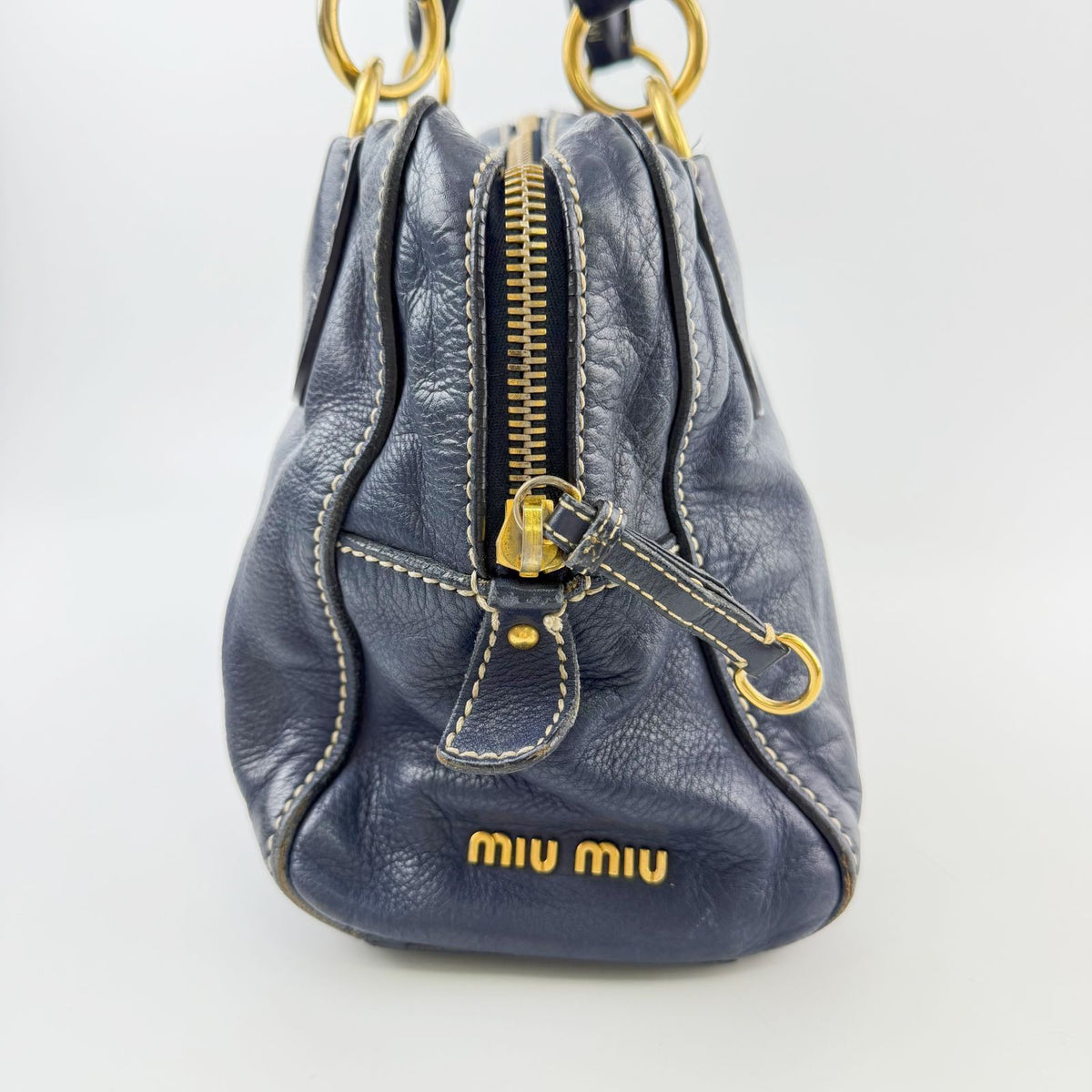 Miu Miu Ring Handle Contrast Stitch Mini Boston Bag Leather Navy Gold Vintage — view 3