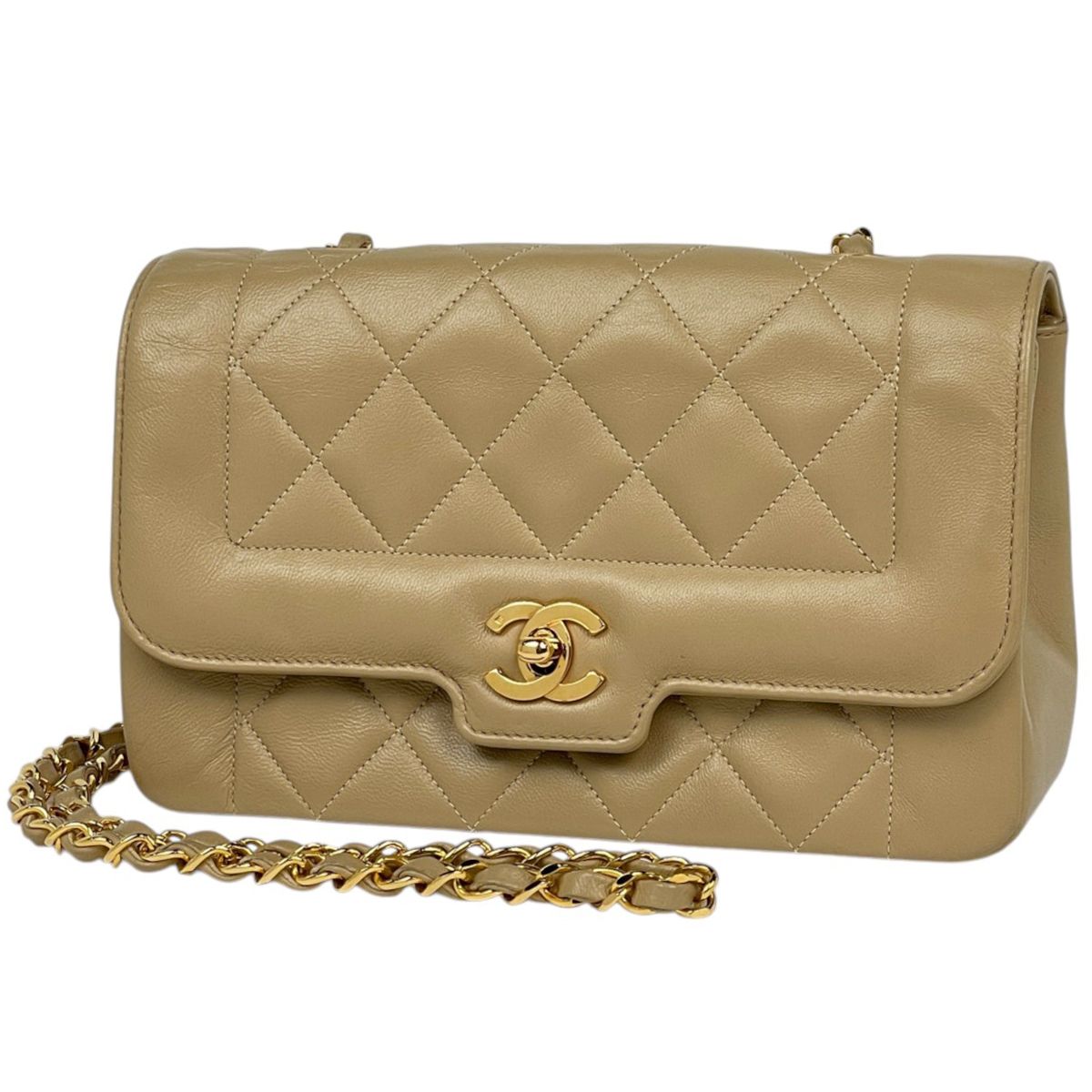 Chanel Shoulder Bag CC Logo Quilted Leather Beige