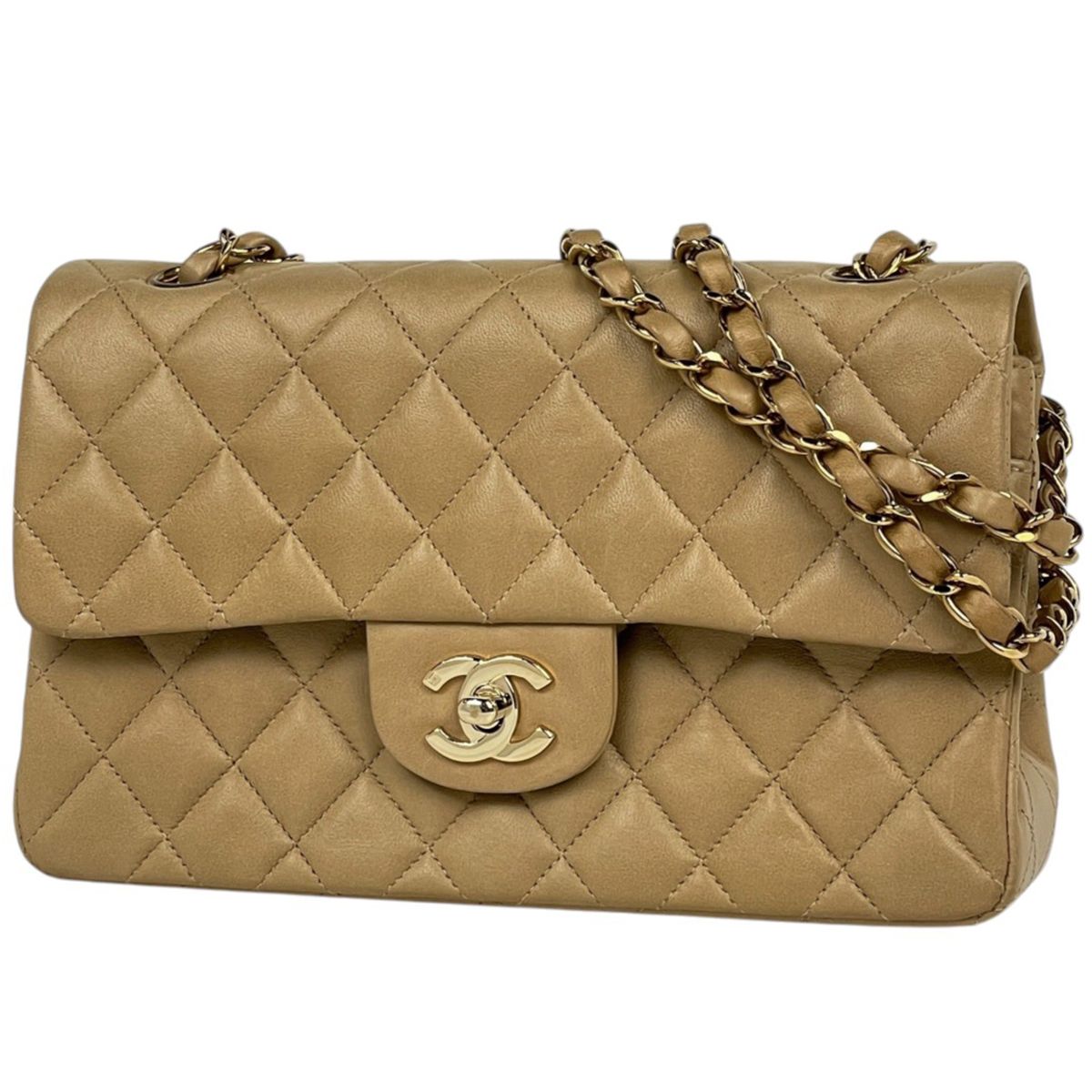 Chanel Shoulder Bag Quilted Double Flap CC Logo Leather Beige