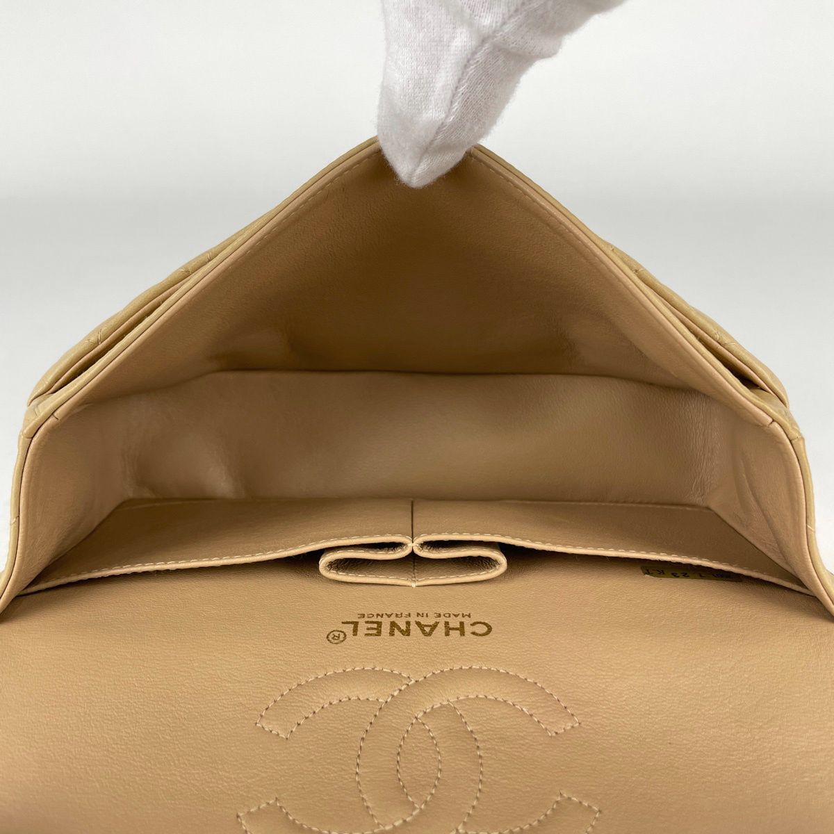 Chanel Shoulder Bag Quilted Double Flap CC Logo Leather Beige — view 7