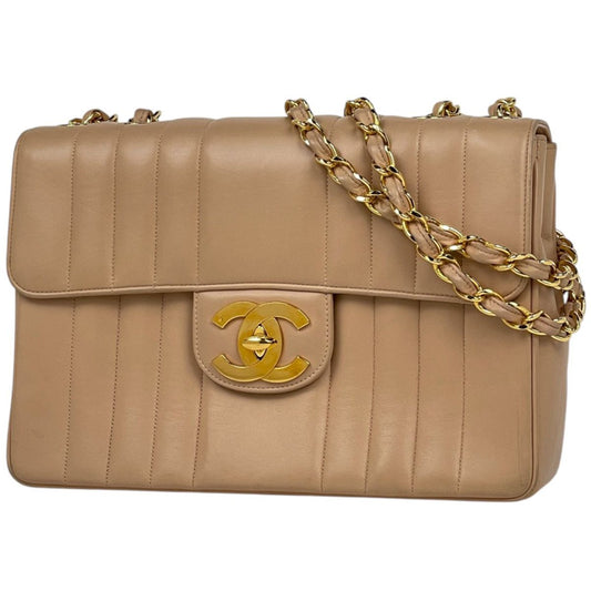 Chanel Shoulder Bag Mademoiselle CC Logo Leather Beige